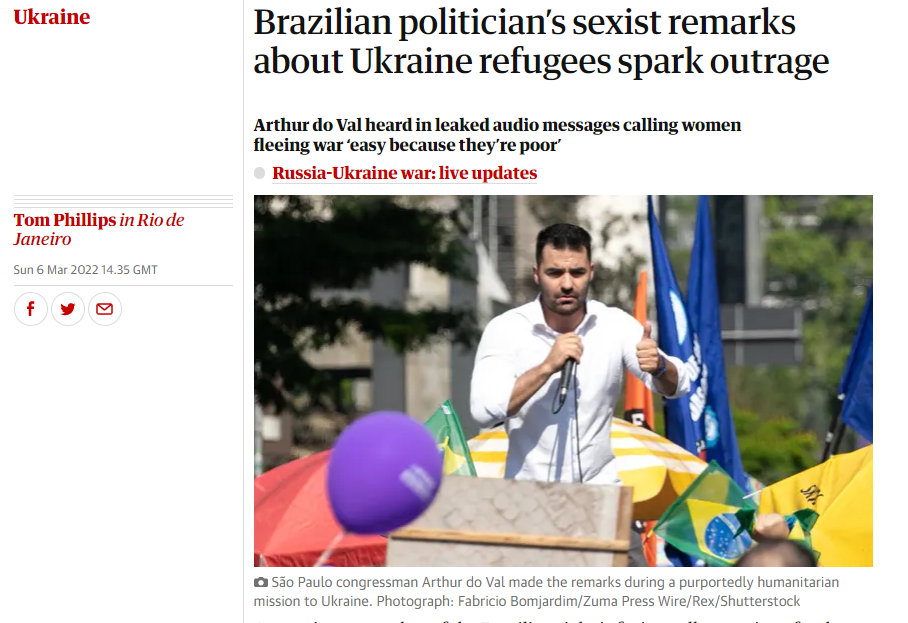 Jornal inglês repercute fala sexista de Arthur do Val sobre ucranianas