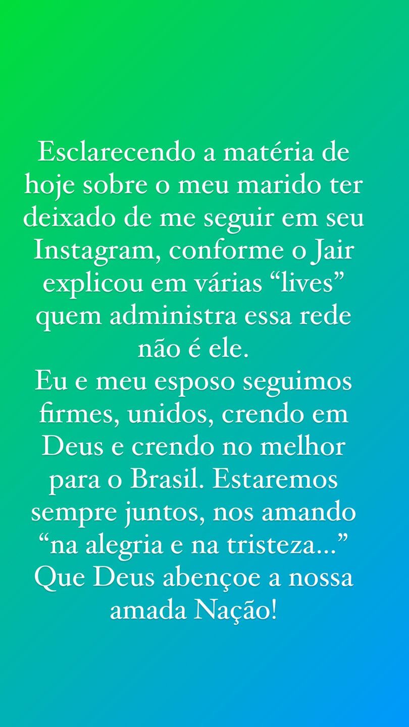 “Seguimos firmes”, publica Michelle Bolsonaro após repercussão de unfollow entre o casal