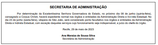 Governo de Pernambuco transfere feriado de Corpus Christi para a véspera de São João