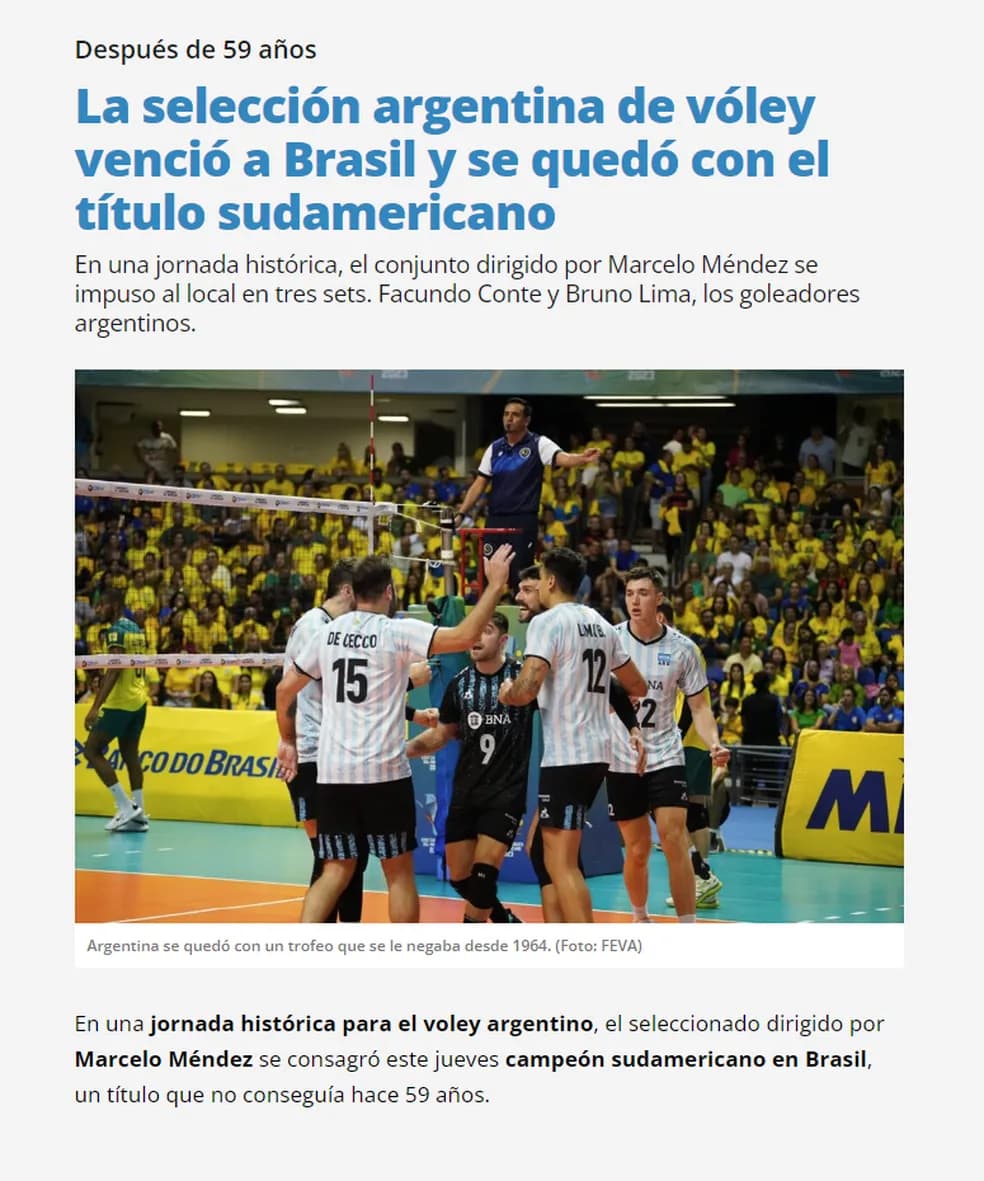 Imprensa argentina repercute derrota histórica do Brasil no Geraldão, pelo Sul-americano de vôlei